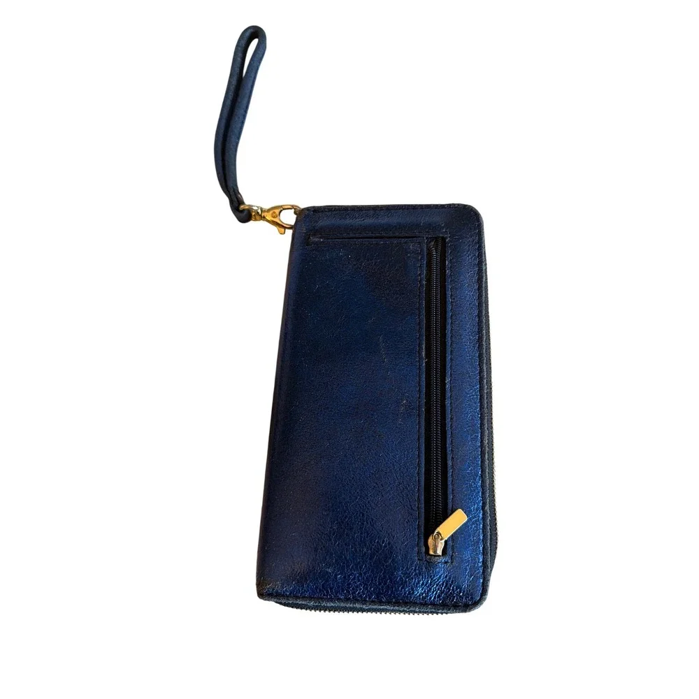 Fossil Wallet Blue Logan Zip Around Clutch Metallic Leather Wristlet Strap‎